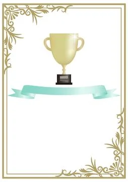 A refreshing award frame with a trophy and light blue ribbon. vertical design Stock Illustration
