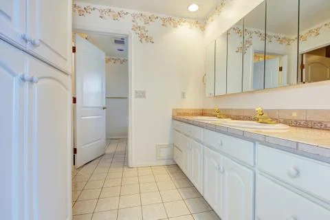 Refreshing bathroom interior with decorated wall Stock Photos