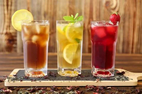 Refreshing beverage assortment featuring iced tea, lemon drink, and fruit punch Stock Photos