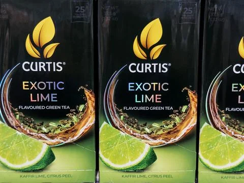 Refreshing boxes of exotic green tea curtis lime flavor Stock Photos