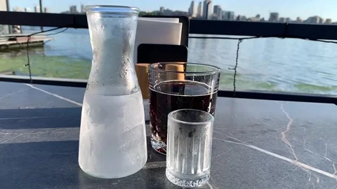 Refreshing Carbonated Beverage Served on a Riverfront Terrace Stock Footage 340052535