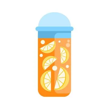 Refreshing citrus drink bottle with lemon slices and bubbles Stock Illustration