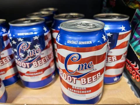 Refreshing CMC Root Beer Cans Displayed Online Stock Photos