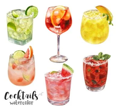 Refreshing Cocktail Collection Featuring Beautiful Watercolor Illustrations of Stock Illustration