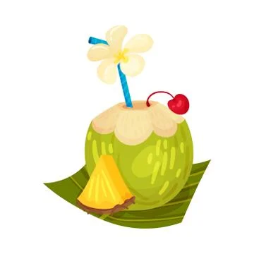 Refreshing Cocktail In Green Coconut With Slice Of Pineapple, Cherry And Blue Illustrazione stock