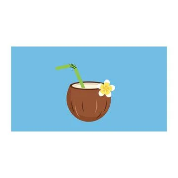 Refreshing coconut drink icon with straw and plumeria flower Stock Illustration