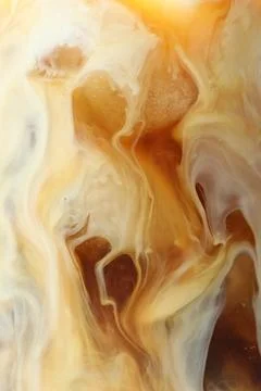 Refreshing coffee with ice and milk as background, closeup Foto stock