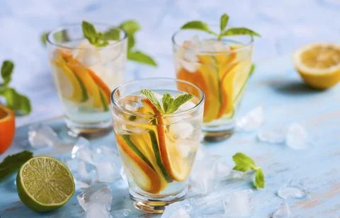 Refreshing cold citrus water with mint Stock Photos