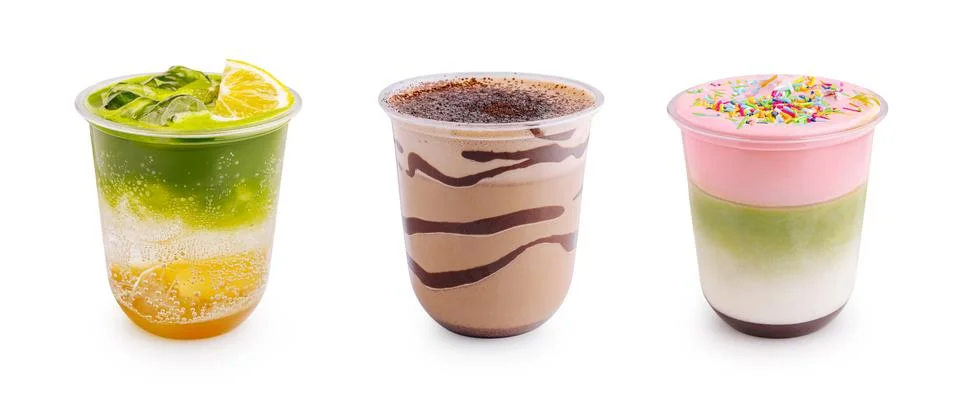 Refreshing cold drinks set with matcha, chocolate and fruit Stock Photos