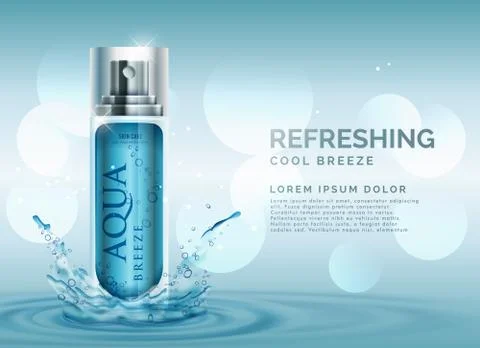 Refreshing cosmetic spray advertisement concept with water splash Illustrazione stock