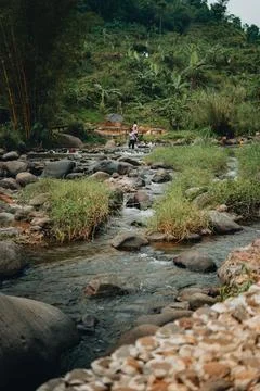 Refreshing Curug Sentul: Clear River Flowing from Waterfall, Surrounded by .. Stock-Fotos