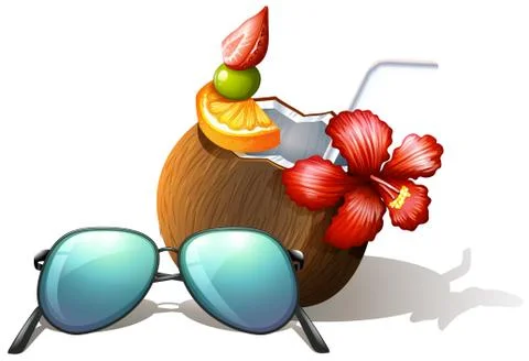 A refreshing drink and a sunglasses for a beach outing Stock Illustration