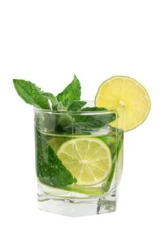 Refreshing drink with lime and mint on a white background Stock Photos
