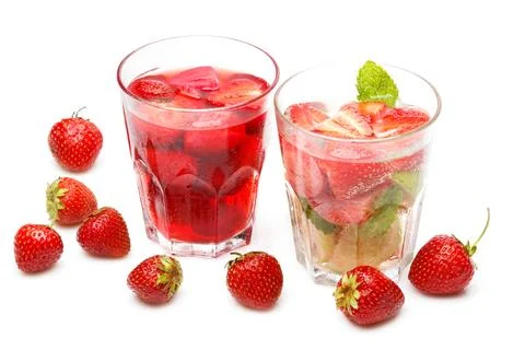 Refreshing drink with red strawberries on white background Stock Photos