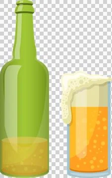 Refreshing drinks: green bottle with amber liquid and foamy beer in a clear.. Stock Illustration