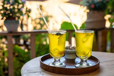 Refreshing drinks served at a cozy cafe Stock-Fotos