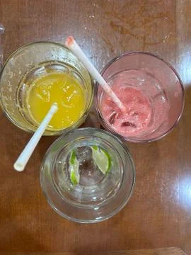 Refreshing drinks on a wooden table Stock Photos