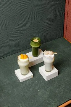 Refreshing Fruit Juices with Mango, Lychee and Healthy Juice Stock Photos