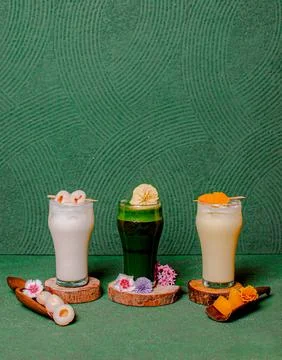 Refreshing Fruit Juices With Mango, Lychee, And Healthy Juice, Served In Gl.. Stock Photos