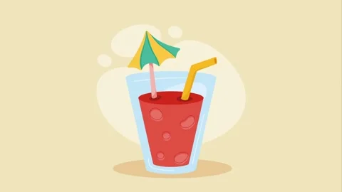 Refreshing fruit smoothie with straw and decorative umbrella in glass anima.. Stock Footage 339337506