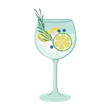 Refreshing Gin and Tonic Cocktail. Cool Summer lemonade. Glass with beverage. Stock Illustration