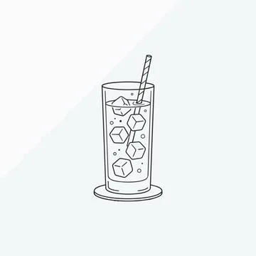 Refreshing glass of soda with ice cubes and straw line art illustration Sil.. Stock Illustration