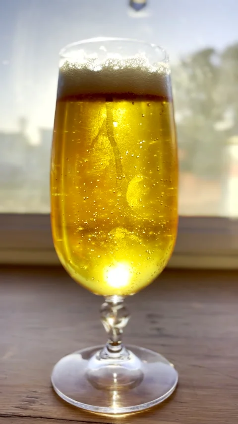 Refreshing golden beer with bubbles rising up to foam head in glass Stock Footage 346246356
