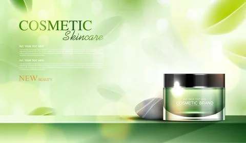 Refreshing green tea cosmetics or skin care product ads with bottle, banner a Stock-Illustration