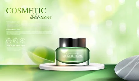 Refreshing green tea cosmetics or skin care product ads with bottle, banner a Illustrazione stock