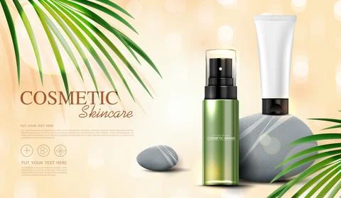 Refreshing green tea cosmetics or skin care product ads with bottle, banner a Illustrazione stock