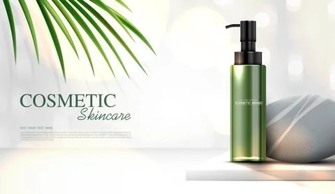 Refreshing green tea cosmetics or skin care product ads with bottle, banner a Illustrazione stock