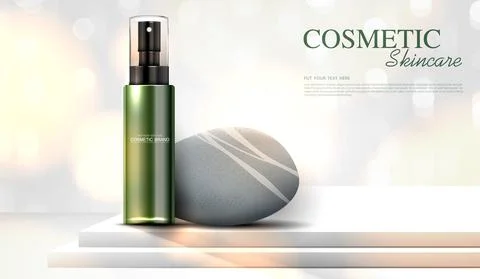 Refreshing green tea cosmetics or skin care product ads with bottle, banner a Stock-Illustration