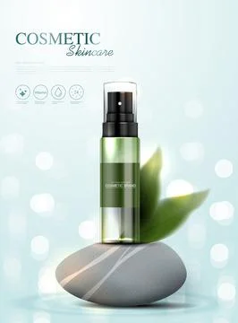 Refreshing green tea cosmetics or skin care product ads with bottle, banner a Illustrazione stock