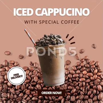 Refreshing iced cappuccino drink surrounded by roasted coffee beans. PSD-Vorlage