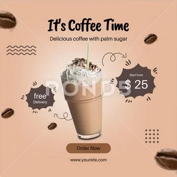 Refreshing iced coffee frappe with whipped cream and straw, promo ad PSD-Vorlage