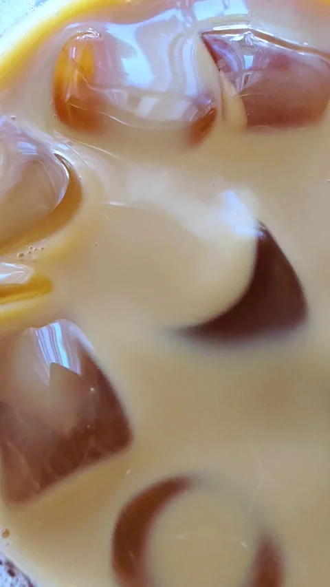 Refreshing iced coffee with ice cubes. Close-up texture of iced coffee. Stock Footage 313472365