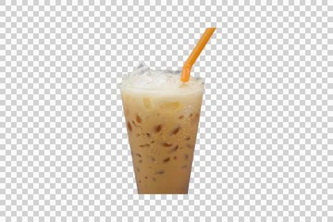 Refreshing Iced Coffee on Transparent Background With Orange Straw Stock Photos