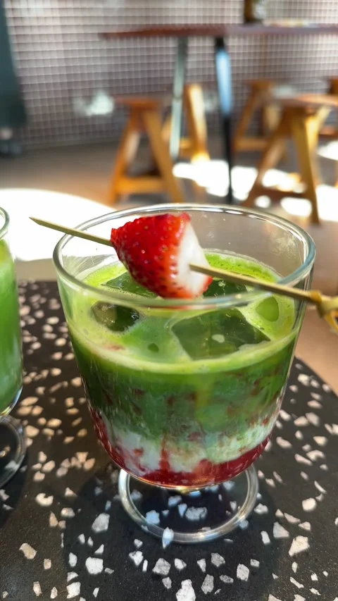 Refreshing iced matcha latte drinks in a Japanese cafe Stock Footage 339331080