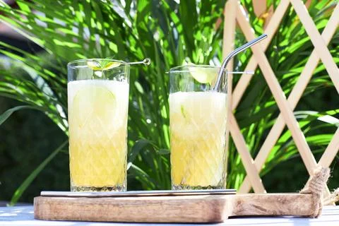 Refreshing iced melon cocktail or smoothie garnished with a sprig of mint. The Stock Photos