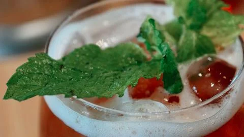Refreshing Iced Sweet Tea With Mint And Ice Cubes Close Up Stock Photos