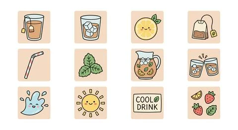 Refreshing Iced Tea Elements: Glasses, Lemon, Mint, Straws, Sun, Strawberries Иллюстрация