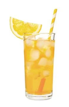 Refreshing iced tea with slice of lemon and drinking straw in glass isolate.. Stock Photos