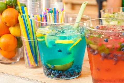 Refreshing lemon-blueberry punch close-up Stock Photos