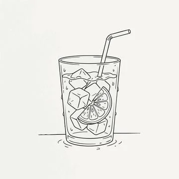 Refreshing Lemon Drink with Ice Straw Line Art Silhouette Stock Illustration