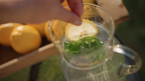 Refreshing lemon water. Chilled citrus drink with herbs. Crisp summer beverage Stock Footage 329895490