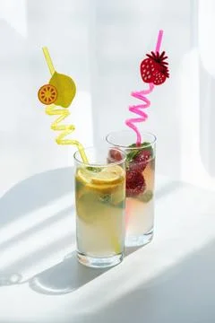 Refreshing lemonade and strawberry drinks for summer Stock Photos