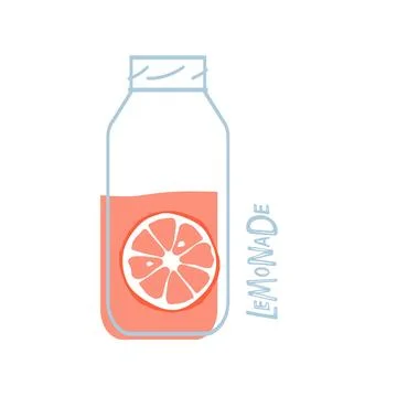 Refreshing lemonade. Clear drink lemonade bottle with grapefruit slice. Summer Illustrazione stock
