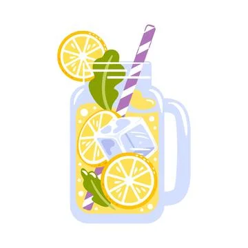 A refreshing lemonade in a clear glass mug, adorned with slices of lemon an.. Stock Illustration