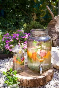 Refreshing lemonade with grapefruit, lemon, lime and mint in a glass jug. Stock Photos