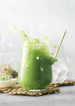 Refreshing matcha tea with ice and splashes on a gray background with copy sp Stock Photos